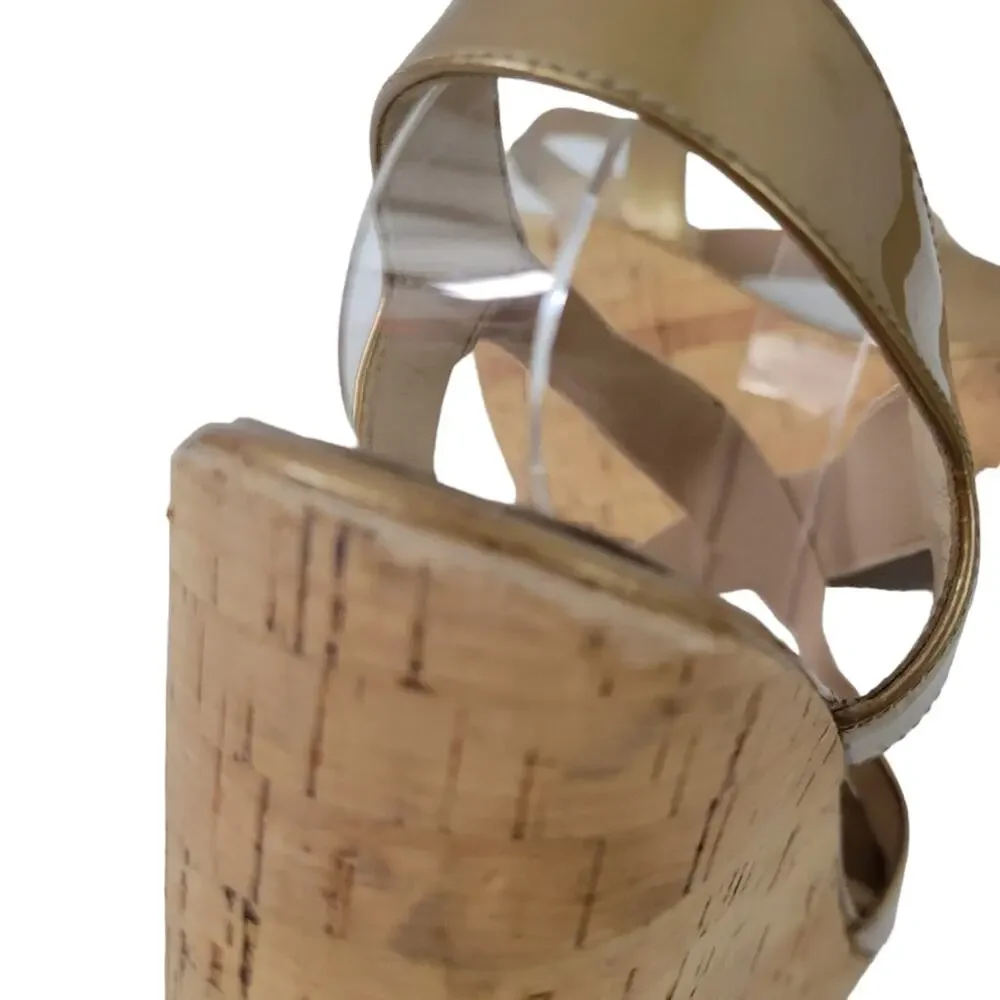 Fendi Neutrals Patent Leather Wedge Platform Sandals IT 38 (8 Women) Gold Tan